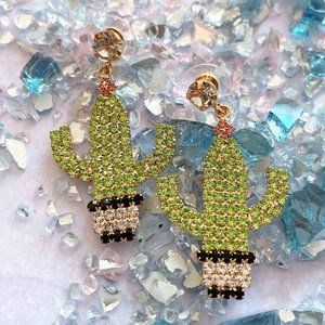 Fun Potted Cactus Rhinestone Chunky Earrings